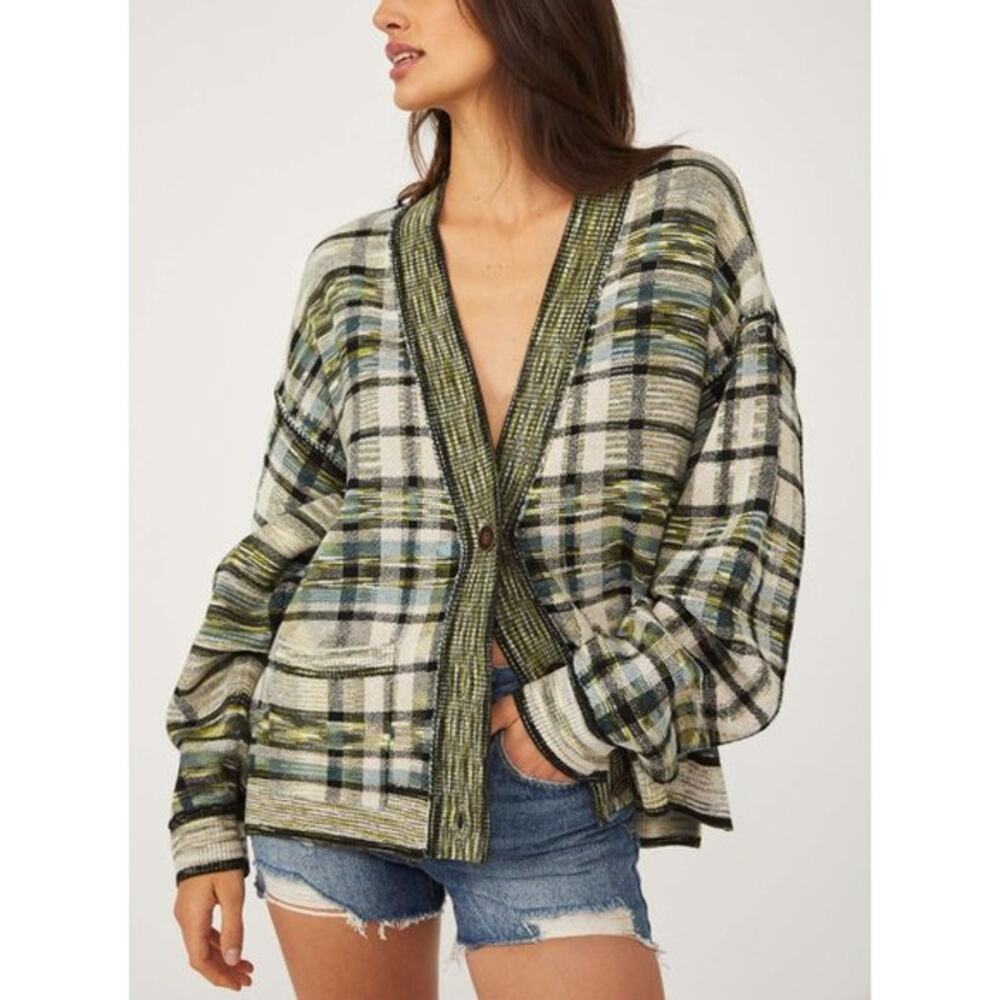 Free People McGregor Plaid Green Tea Sweater Cardigan
